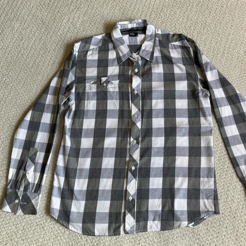 BKE men’s Gray and White Plaid Casual Button Down Shirt XL